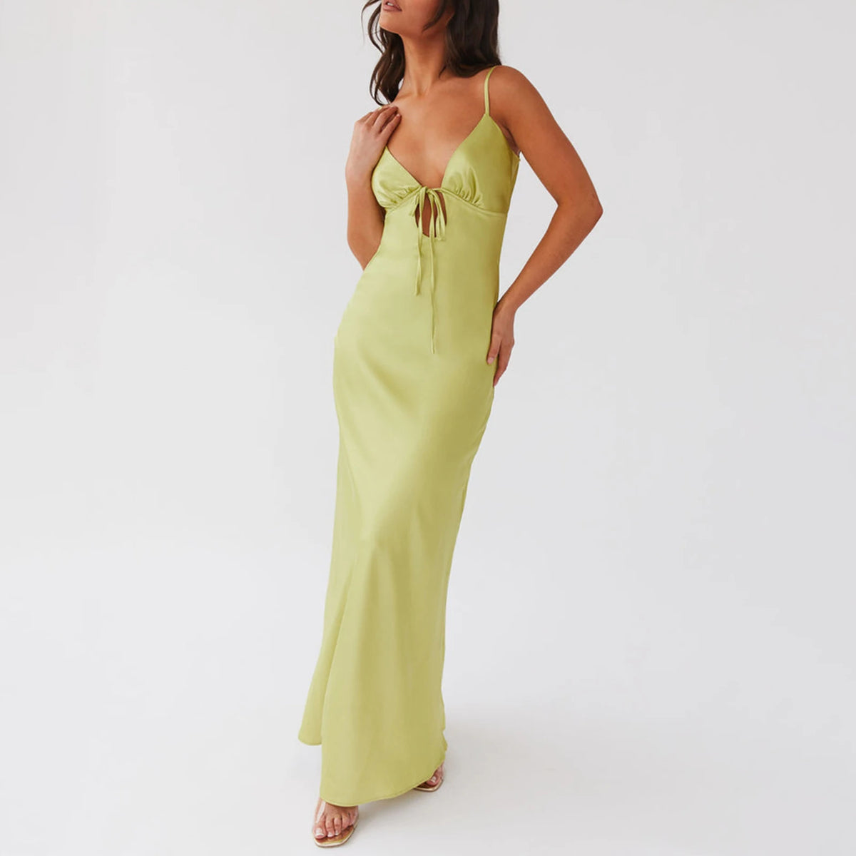Women Cami Dress Solid Color Sleeveless Tie-Up Front Sleeveless Backless Dress Long Dress Summer Casual Spaghetti Strap Dress