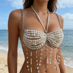 Sexy Women Chain Bras Tops Elegant Pearls Body Jewelry Tasseled Party Clubwear for Summer Vacation Beachwear
