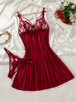 Burgundy Floral Lace Sheer Mesh Babydoll Lingerie Set Slip Nightdress With Matching Thong Women Sexy Sleepwear ZA825066