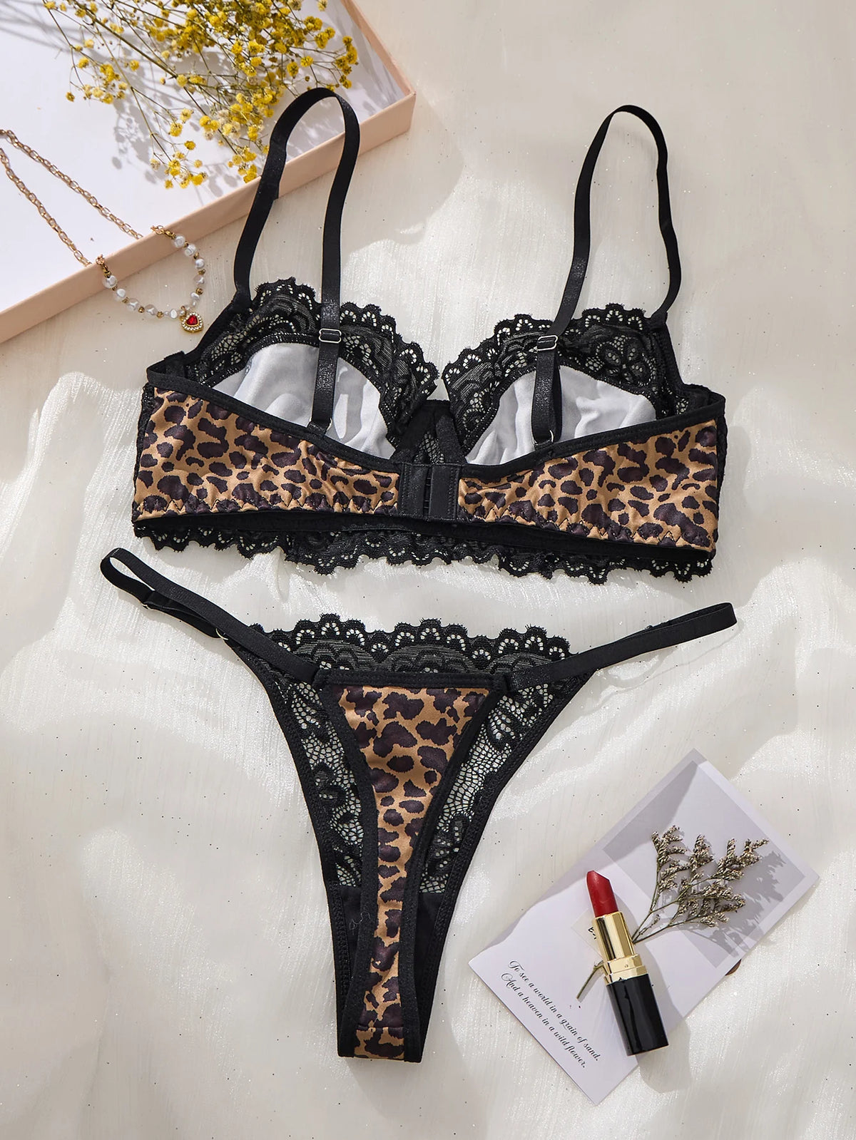 Classic Leopard Print Black Lace Lingerie Set Underwire Bra With Matching Thong Women Sexy Intimates ZA825182
