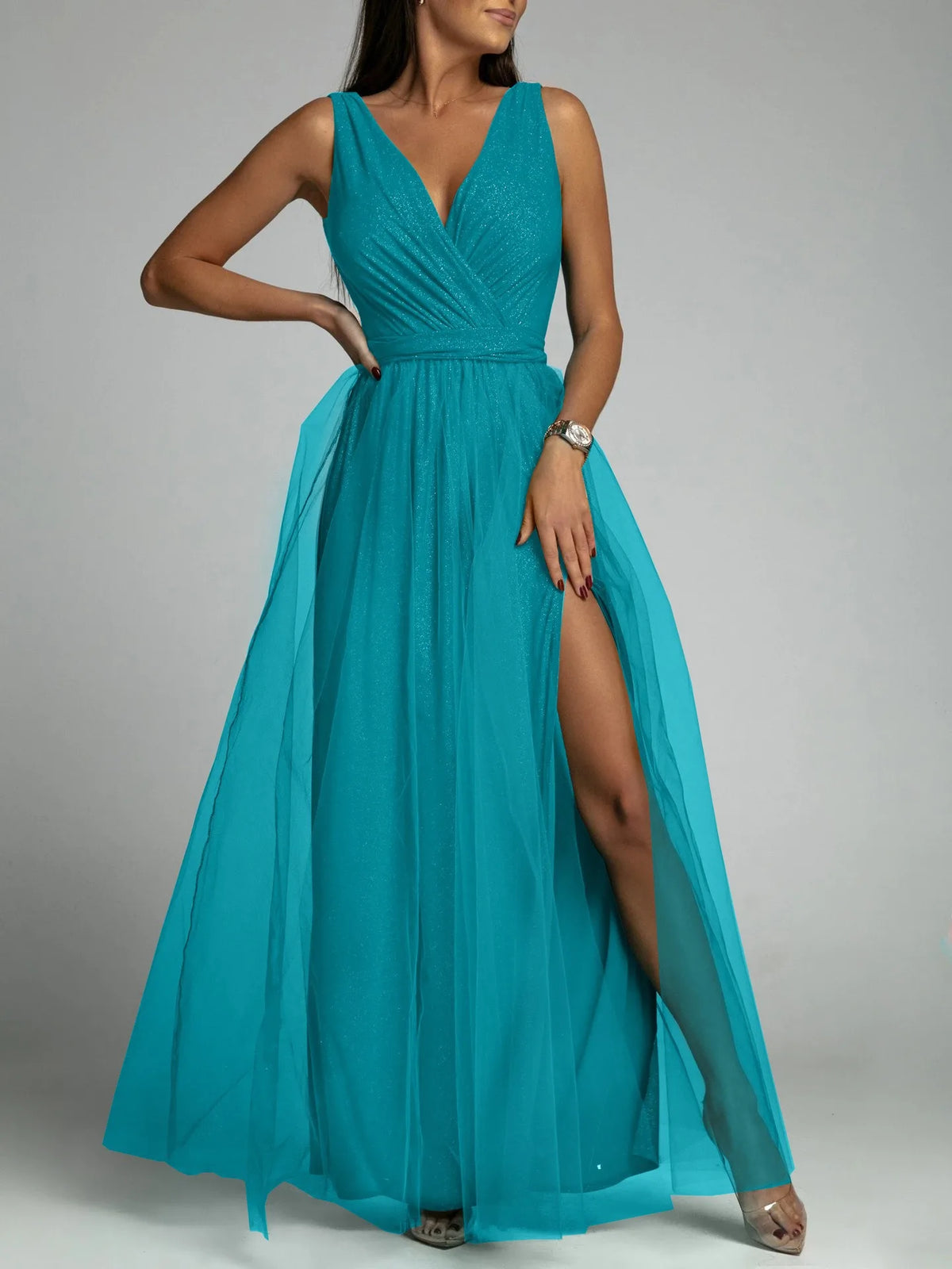 Elegant Solid Color Fine Sparkle Party Dresses Women Temperament V-neck Leace-up Mesh Slit Long Dress Evening Vestidos Female