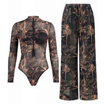 S - XXL New Leaves Printed Long Sleeve With Zipper Pants One Piece Swimsuit Women Swimwear Female Bather Bathing Suit Swim V8355