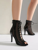 Plus Size Women Patent Leather Mesh Spliced Ankle Boots Back Zipper Peep Toe Lace Up Stiletto High Heels Hollow Out Summer Booti
