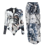Black And Printed Long Sleeve Swimsuit With Cover Up Sexy Swimwear Women Surf Swim Suit Slimming Bathingsuit Bodysuit Beachwear