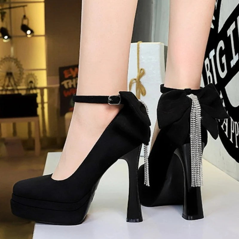 BIGTREE Women's Pointed Toe High Heels Back Bowknot Elegant Flock Ankle Strap Pumps for Women Black Dress Shoe Wedding Party