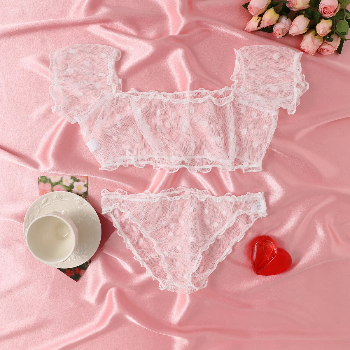 Women 2-Piece Transparent Erotic Sexy Lingerie Dot Embroidery Mesh Fancy Outfit Romantic Hot Underwear Set Bra And Panty Sets
