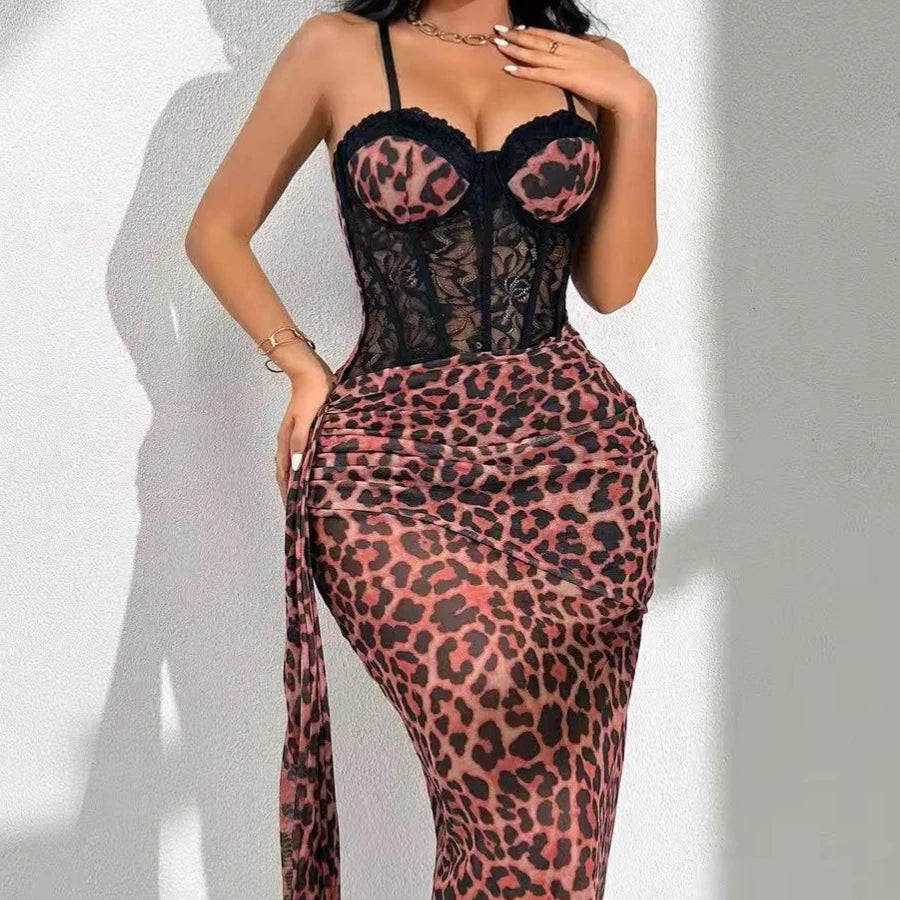 Sexy Leopard Print Women Sling Dress Fish Bones Tummy Slim Belly Lingerie Lace Hollow Temptation Body Shaper Long Style Dresses