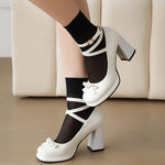 Big Size 43 Sweet Bow knot Mary Janes Shoes Cute Burgundy Ankle Strap Pumps Lolita Platform Block High Heels White Wedding Pumps
