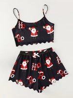Christmas Santa Claus Element Print Pajama Set for Women's Sleepwear 2 Pieces Crop Tops and Shorts Homewear Loungewear
