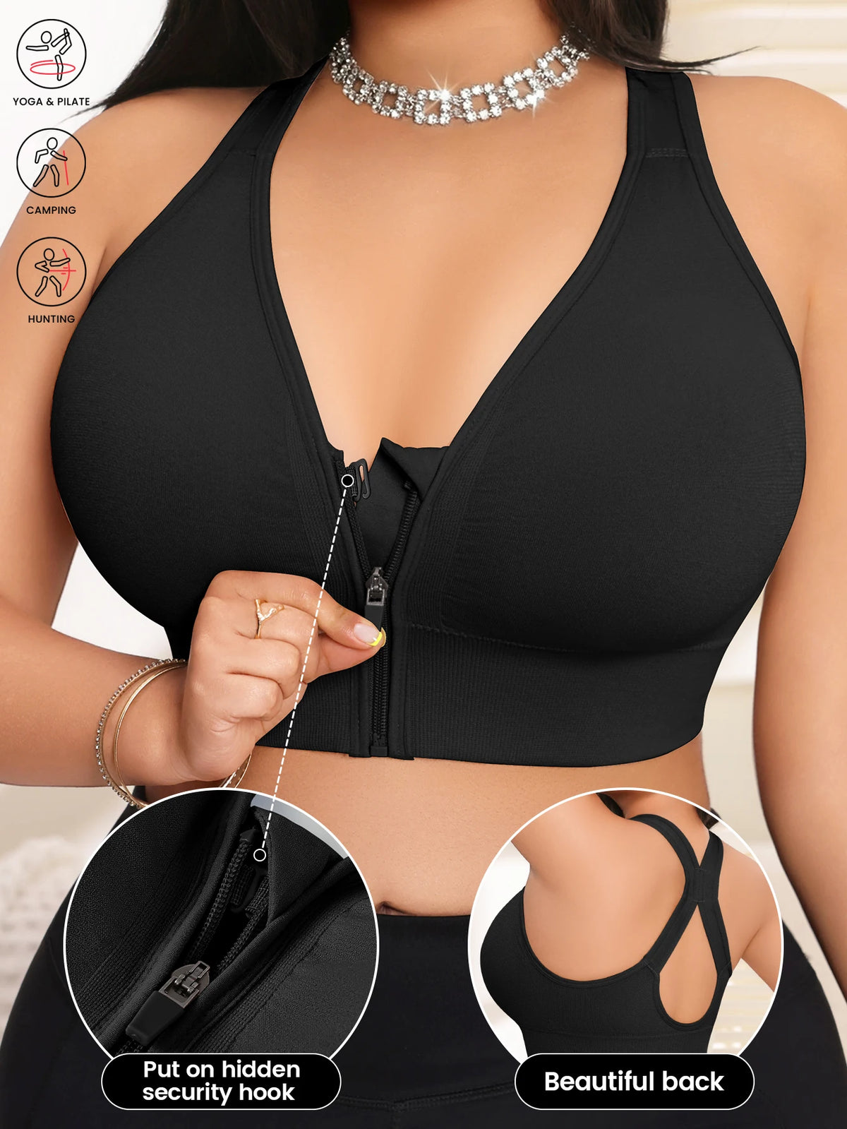 Women's Bra Plus Size Zip Front Yoga Sports Bra, X-Back Wirefree Removable Pads 1XL-4XL