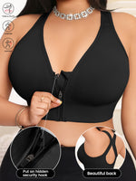 Women's Bra Plus Size Zip Front Yoga Sports Bra, X-Back Wirefree Removable Pads 1XL-4XL