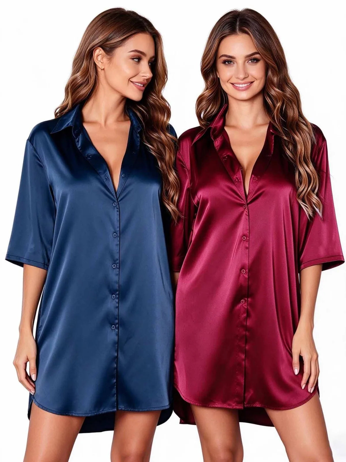 Women Sleepwear 2 Sets Nightshirt Simple Satin Shirt Dress Collared 3/4 Sleeve Button Down Loose Sexy Ladies Night Loungewear