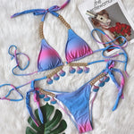 9 Colors New Sexy Bikini Women Rhinestone Shell Pendant Halter Gradient Swimwear Swimsuit Female Beach Bikinis Set Bathing Suit