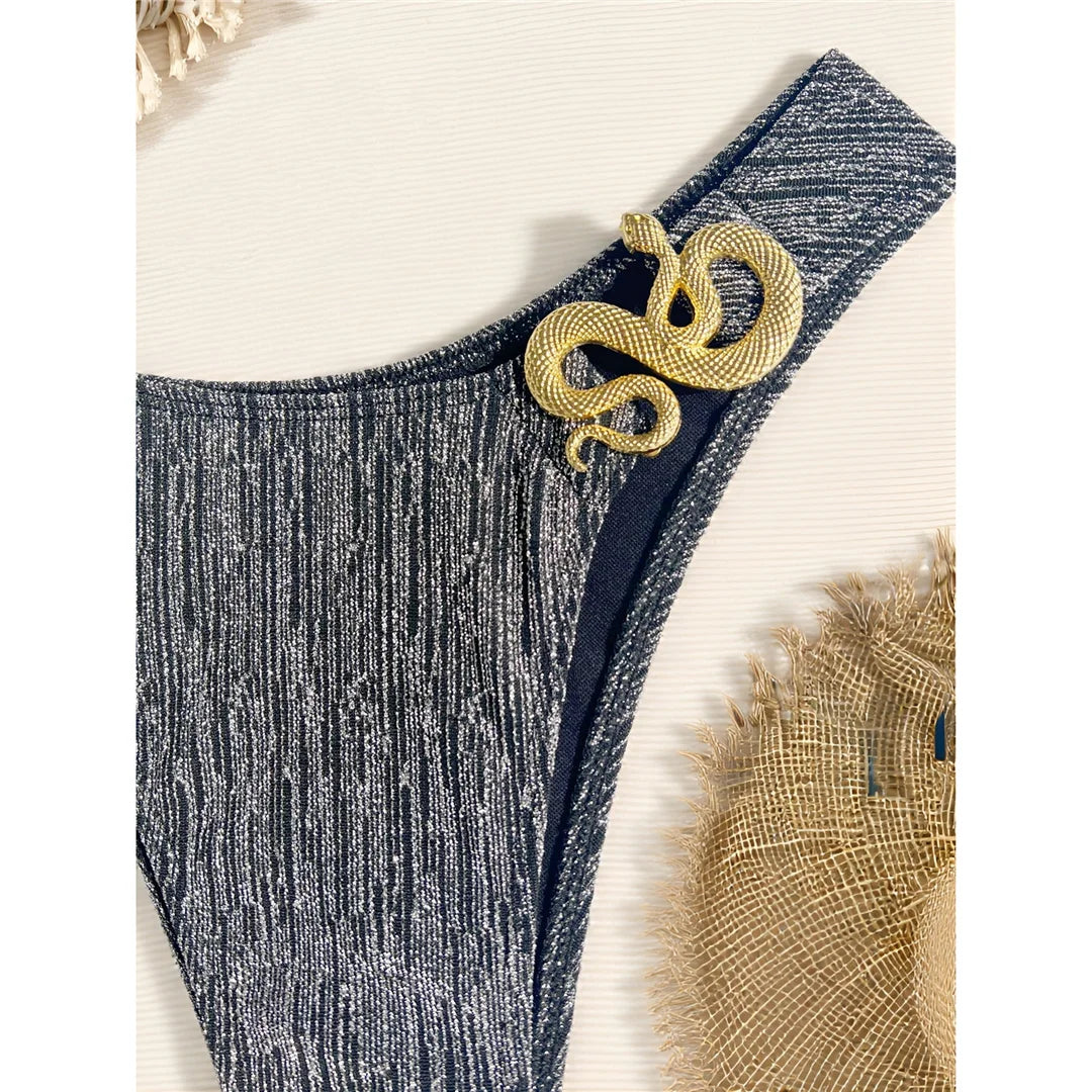 S - XL Glitter Sparkling One Shoulder Bikini Female Swimsuit Women Swimwear Two-pieces Bikini set Bather Bathing Suit Swim K7316