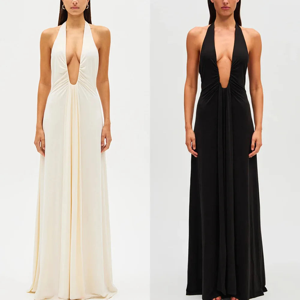 Sexy Deep V Halter Neck Long Dress Women Elegant Bandage Patchwork Luxury Evening Dresses Solid Color Hot Girls Party Vestidos