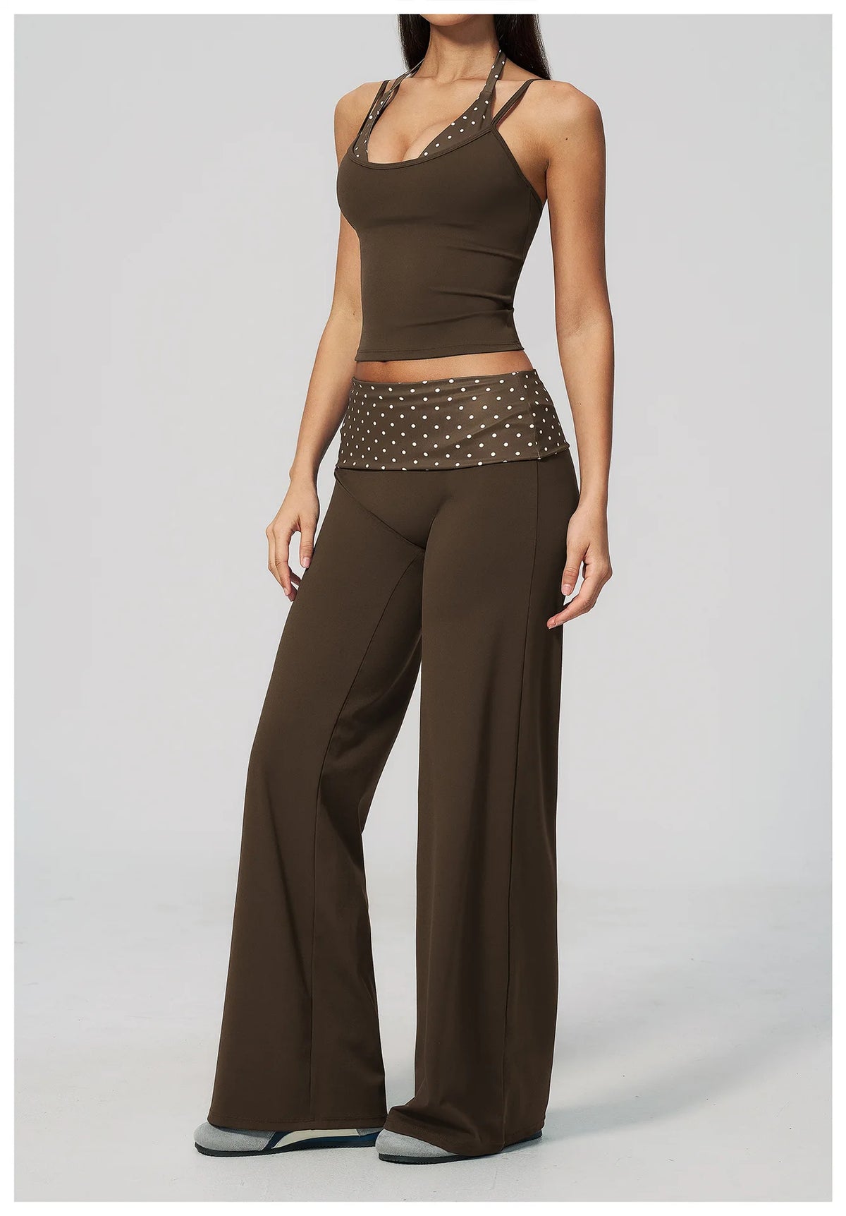 Women's 2 Piece Yoga Set Halter Neck Crop Top Fold Over Waist Wide Legged Flare Trousers Polka Dot Striped Gym Workout Running