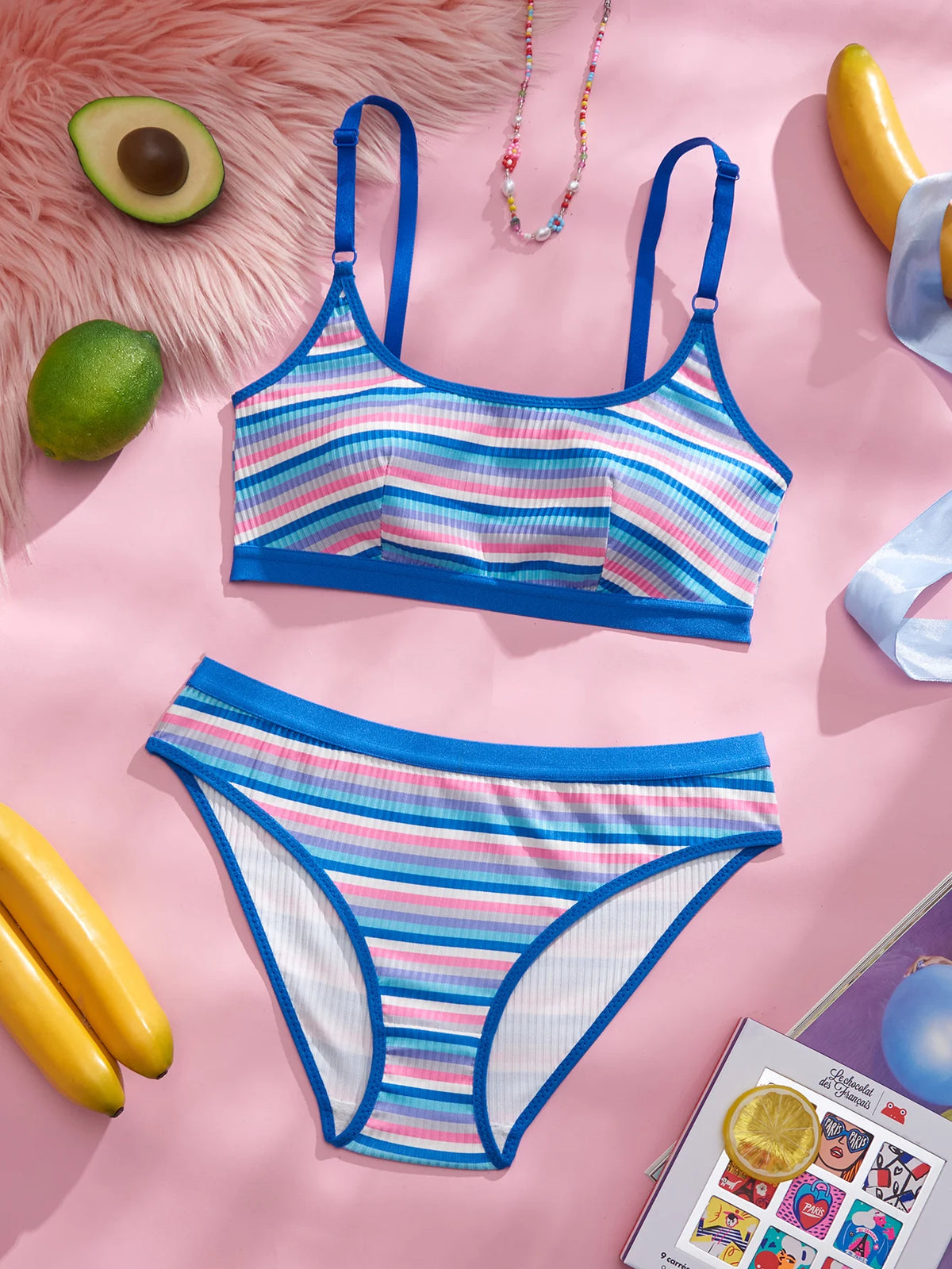 Brazilian Style Striped Women Lingerie Set Color Block Wireless Unpadded Bra Intimates Panties Underwear
