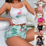 Summer Women's Milk Silk Printed Crown & Flamingo ShortsTank Top Two-Piece Set Casual Loungewear Homewear Sleepwear