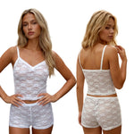 Women 2 Piece Sets See-Through Floral Lace Crop Camisole Tops and Shorts Casual Sexy Club Beach Clothes