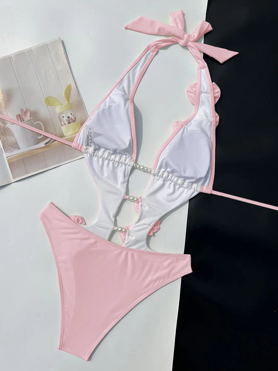 3D Flowers Deep V Neck Halter Women Backless Swimwear One Piece Swimsuit Female High Cut Monokini Bather Bathing Suit Swim Lady