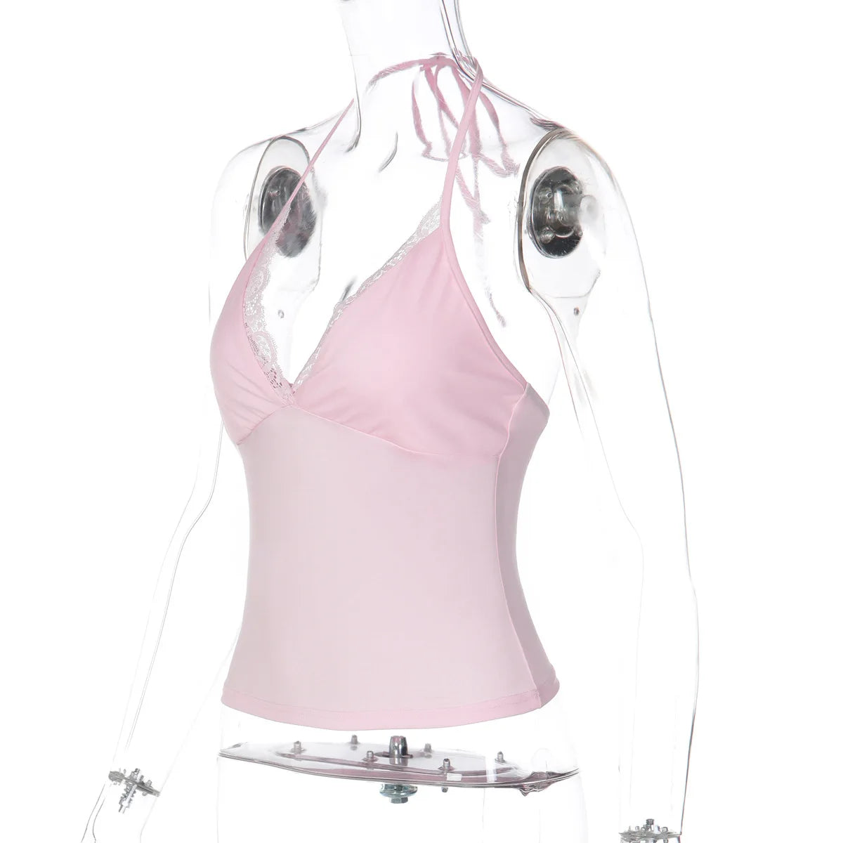 FDYOUI Casual Sexy Halter Neck Lace Patchwork Pink Camisoles Women Bandage Backless Corset T-shirt Y2K Streetwear Cropped Tops