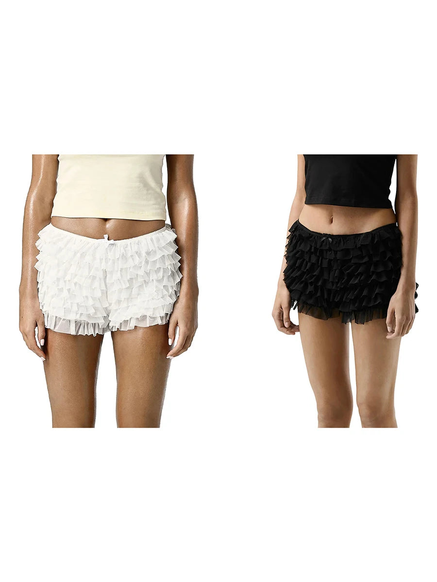 Womens Solid Color Lace Mesh Shorts Tiered Ruffled Bow Elastic Waistband Summer Leisure Lounge Short Pants