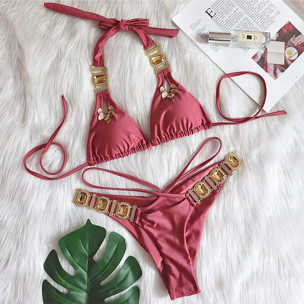 Sexy Rhinestones Thong Bikini Women Green Push Up Glitter Diamond Band 3 Piece Swimsuit Chain Metal Bathing Suit Luxury Swimwear