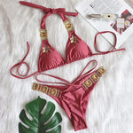 Sexy Rhinestones Thong Bikini Women Green Push Up Glitter Diamond Band 3 Piece Swimsuit Chain Metal Bathing Suit Luxury Swimwear