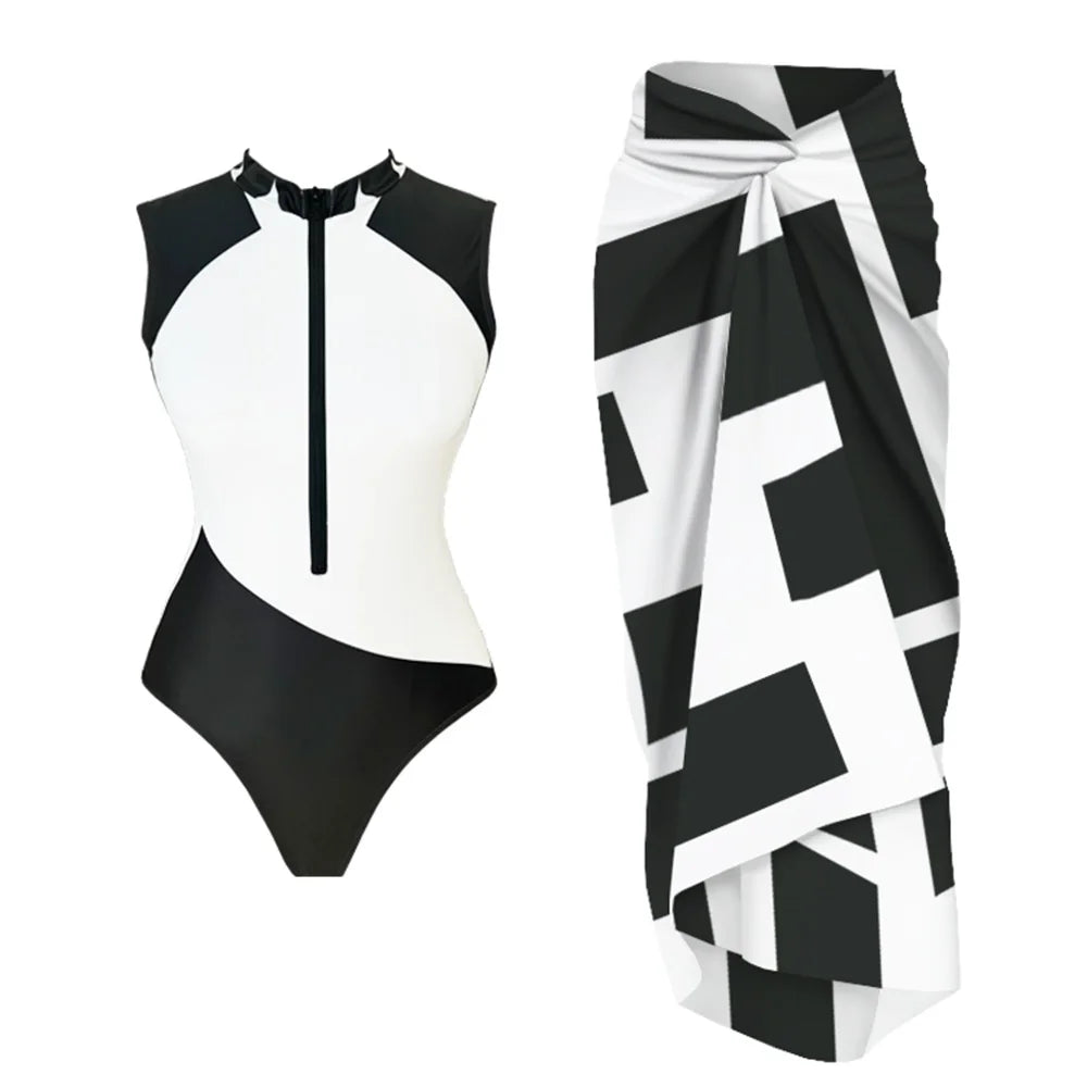 Black And Printed Long Sleeve Swimsuit With Cover Up Sexy Swimwear Women Surf Swim Suit Slimming Bathingsuit Bodysuit Beachwear