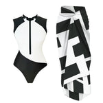 Black And Printed Long Sleeve Swimsuit With Cover Up Sexy Swimwear Women Surf Swim Suit Slimming Bathingsuit Bodysuit Beachwear