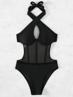 Halter Mesh Sheer Underwired One Piece Swimsuit Women Swimwear Female Backless Hollow Out Monokini High Cut Bathing Suit Swim