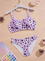 Purple Heart Print Teen Girls Bra Set Wireless Padded Bra and Soft Panties Adjustable Straps Soft Lingerie
