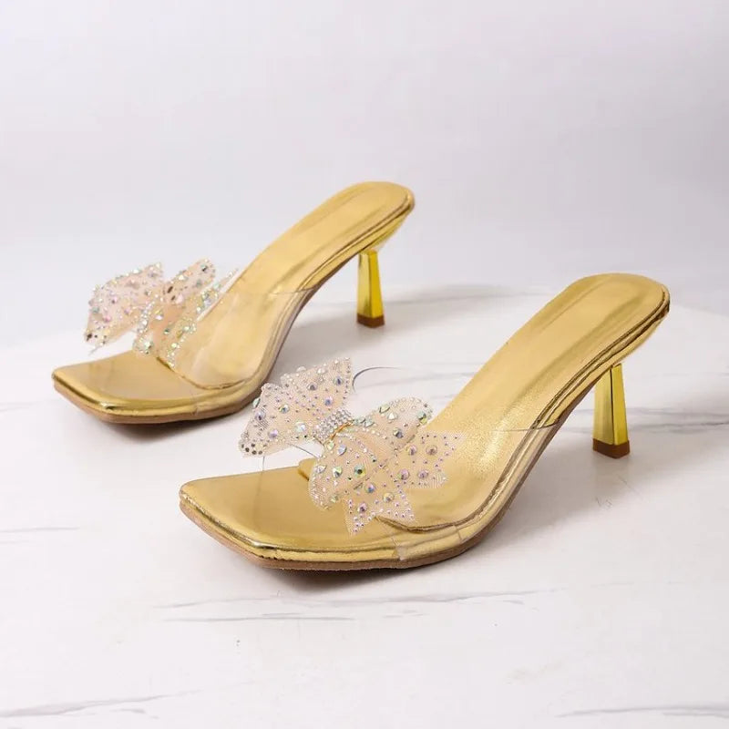 Liyke Fashion Silver Sequined Butterfly Knot Women Transparent Slippers Summer Square Toe Clear High Heels Sandals Female Shoes
