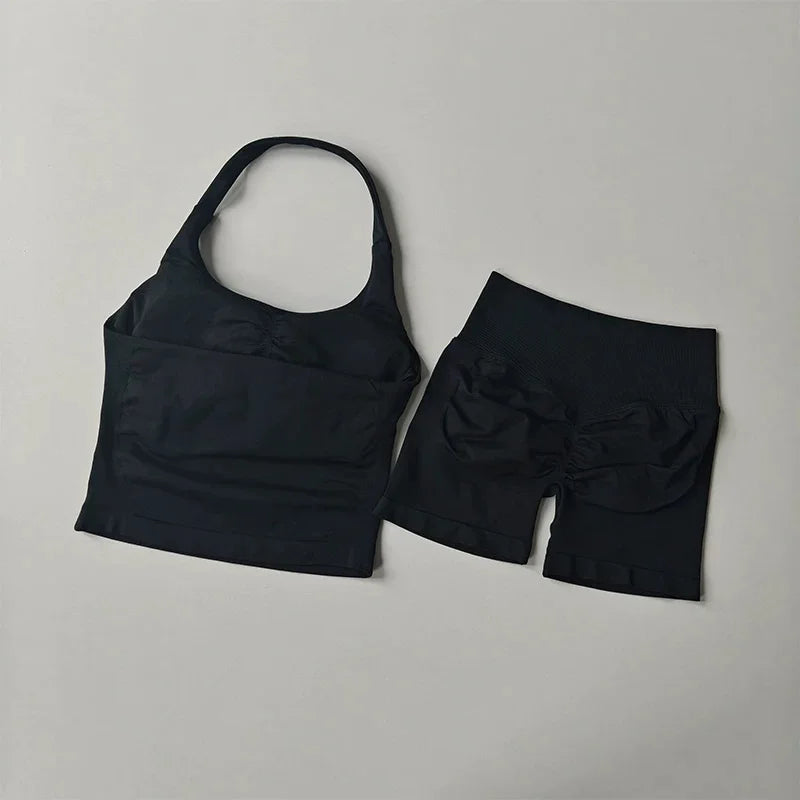 Yoga 2 Pieces Gym Set Women Backless Halter Tops High Waist Seamless Shorts Gym Suit Fitness Sports Bras Sportswear Workout Sets
