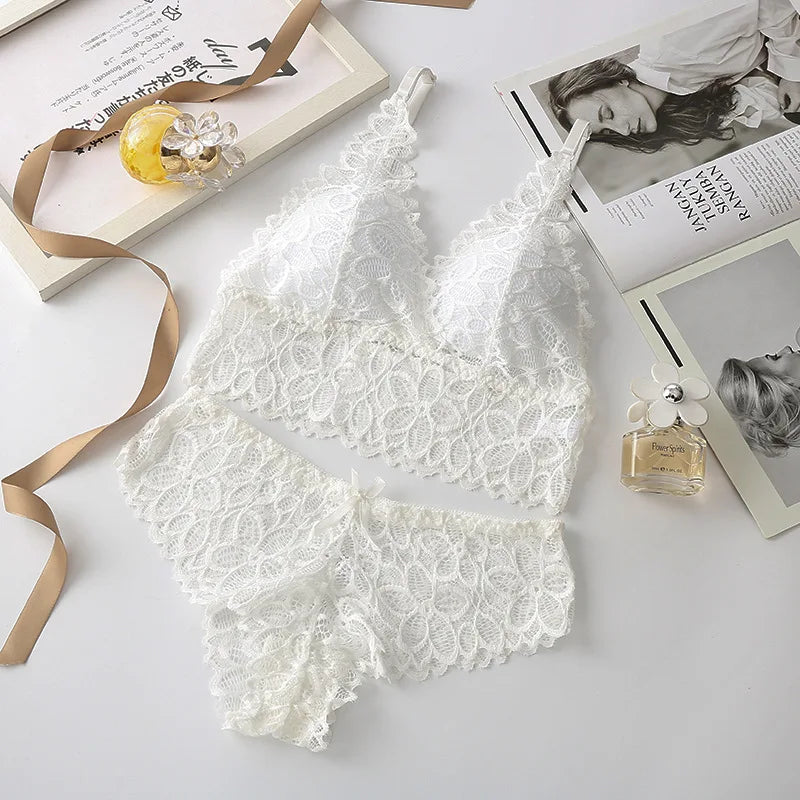 Women Lace Bra and Panties Set V-Neck Hollow Lace Underwear Set Embroidery Scallop Edge Bralette Sexy Lingerie Set Intimates