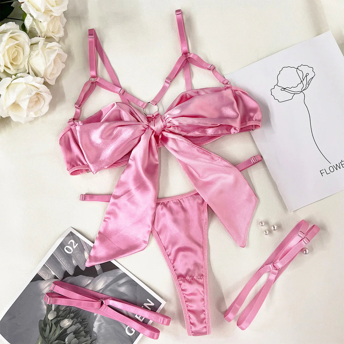 Women's 3 Piece Lingerie Set Sexy Hollow Out Satin Bow Tie Bra and Panty Set with Thigh Straps