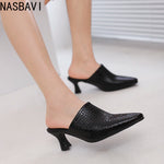 NASBAVI New Breathable Hollow Slippers Stone Pattern Leather Pumps Women Chunky Heels Mules Black Dress Shoes Big Size 45 46 47