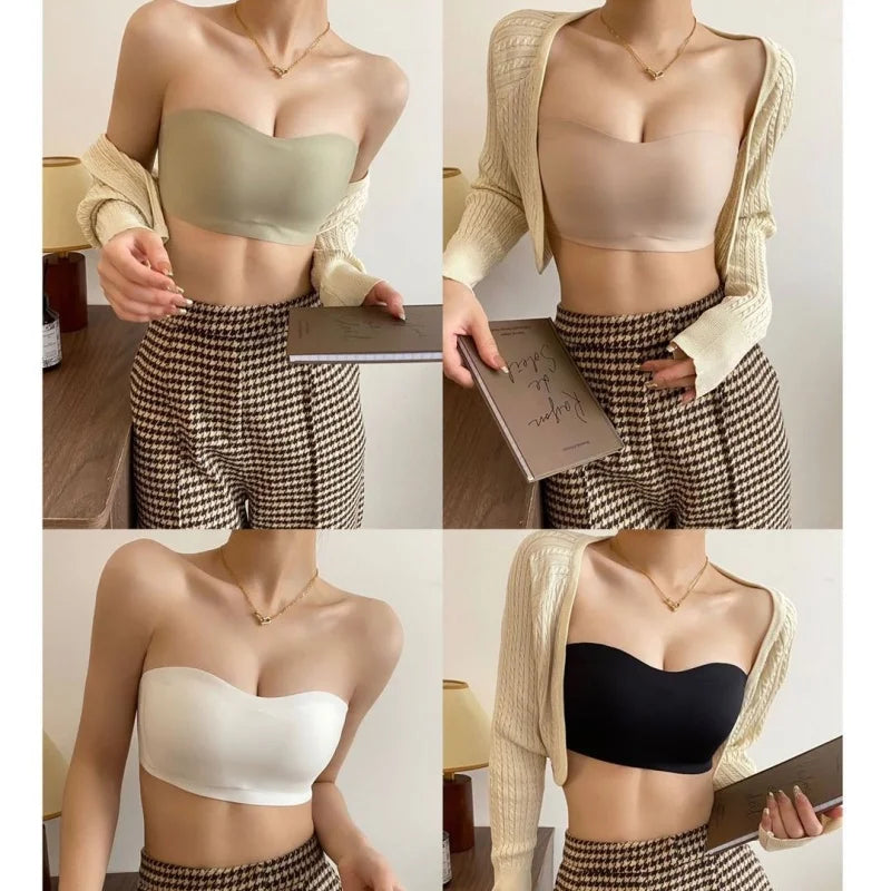 3Pcs/Set Women Strapless Bandeau Bra Removable Straps Seamless Wireless Multi‑Hook Back Closure Bra For Multi‑way Wearing
