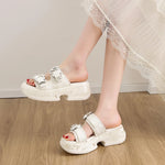Luxury Rhinestone Thick Bottom Sandals Women 2026 New Silk Satin Embroidery High Heel Sandals Woman Summer Thick Heeled Slippers