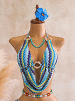 Vintage Blue Striped Knitted Cover Up 3 Piece Bikini Set 2026 Swimwear Women Push Up Bra Drawstring High Waist Shorts Swimsuit