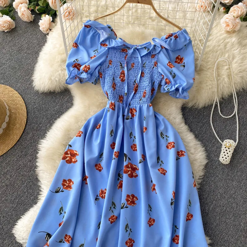 2025 Summer French Vintage Floral Dress Fashion Elegant High-Waisted Drawstring Vestidos Printed Fresh And Sweet Long Dresses