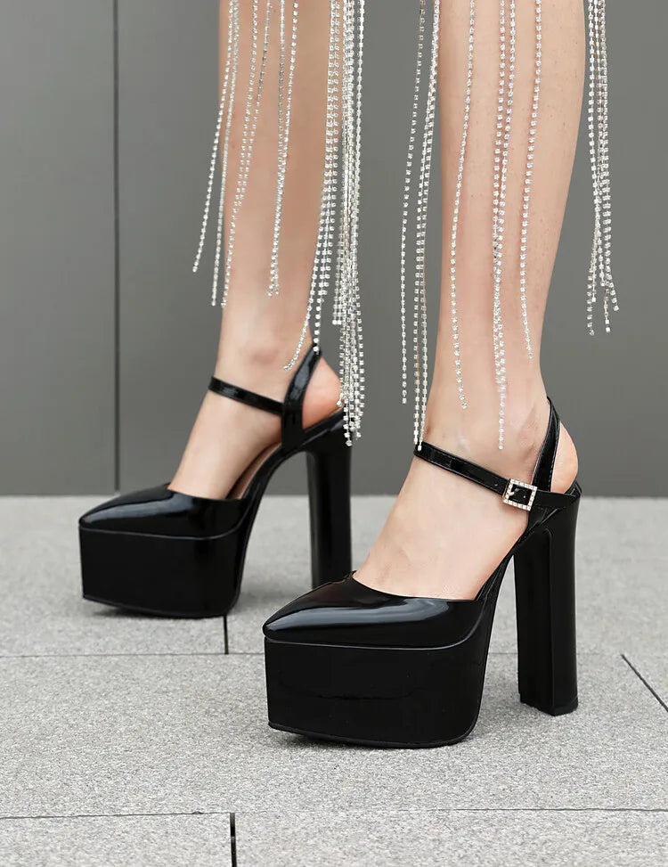Platform Pointed Toe Sandals for Women Summer New Ankle Buckle Strap Gold Runway High Heels Large Size 43 Wedding Party Shoes