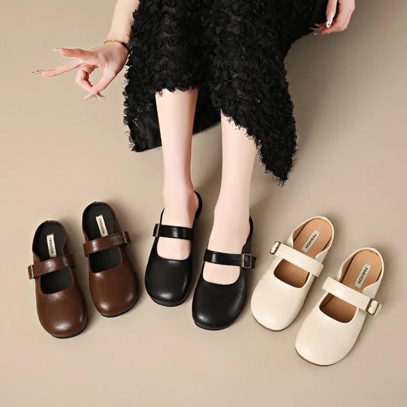 Closed-Toe Half Slippers for Women, Spring and Summer New French Style Soft Sole, Slip-On Flat Mules for Pregnant Women