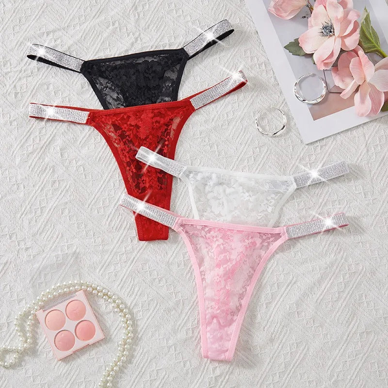 5Pcs Women’s Sexy Lace Thong Panties Low Rise Rhinestone Belt See-Through Floral G-String Shiny Comfortable Intimates Underwear