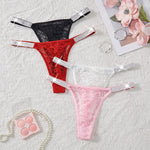 5Pcs Women’s Sexy Lace Thong Panties Low Rise Rhinestone Belt See-Through Floral G-String Shiny Comfortable Intimates Underwear