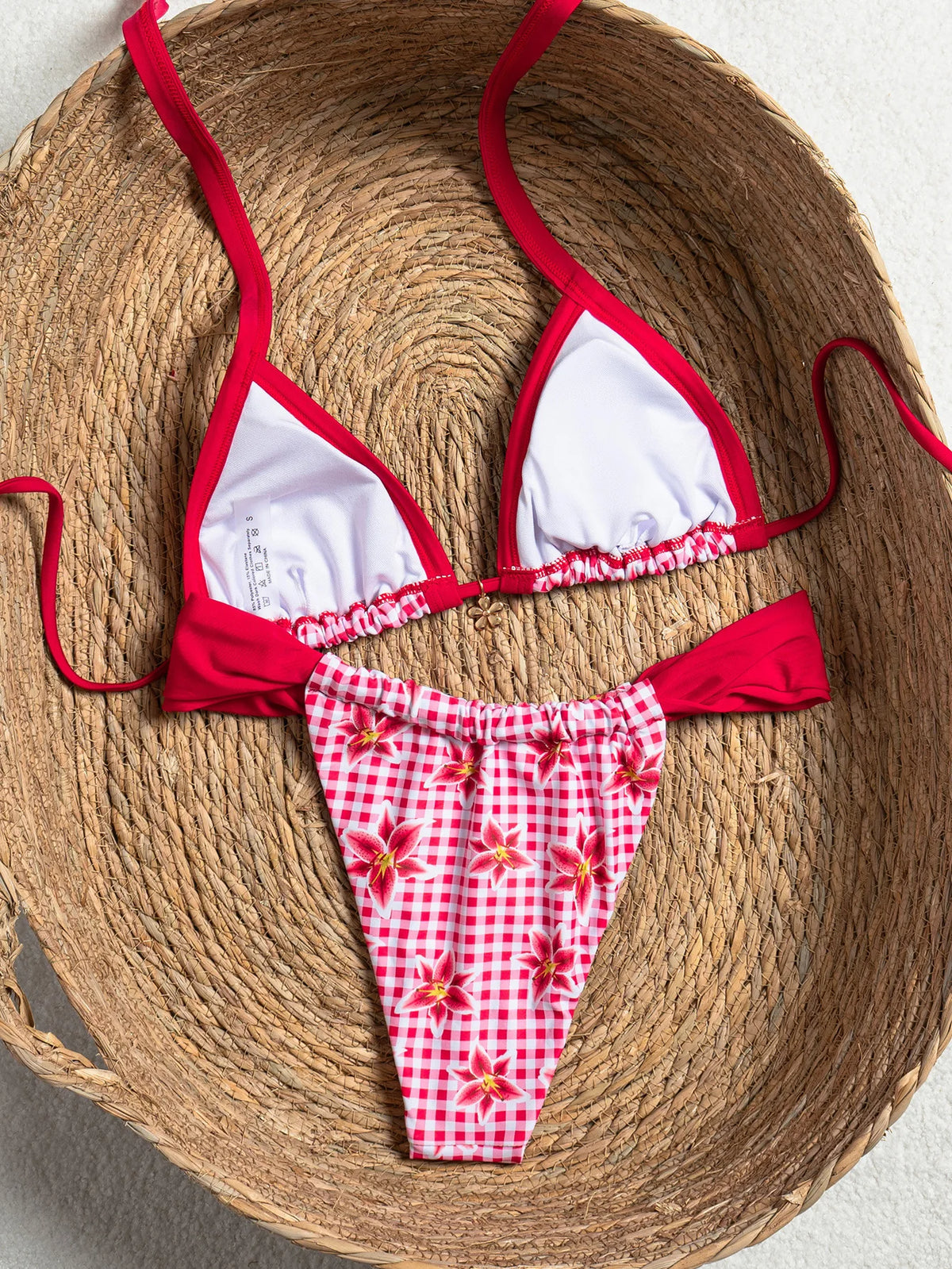 Sexy Red Plaid Floral Print Bikini Set Push Up Bra Pleate Thong Swimsuit Women 2026 Summer Bathing Suit Holiday Swimwear Biquini