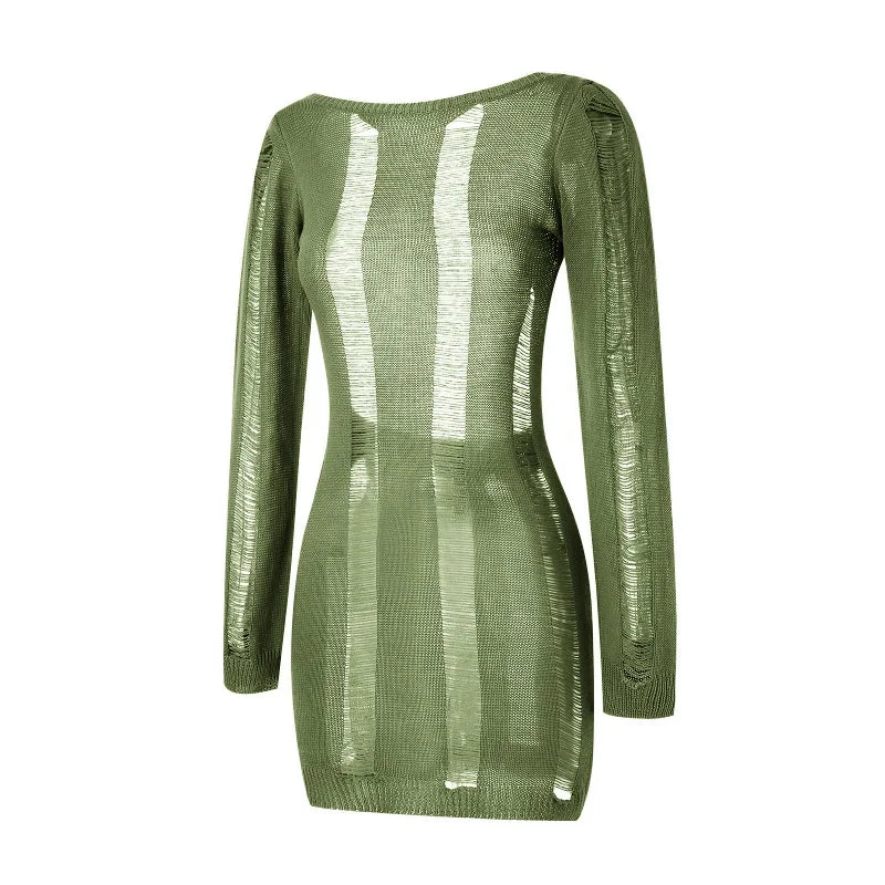 Women Autumn Ripped Knit Dress Long Sleeve Backless Bodycon Mini Dress Summer Fall Club Sexy E-Girl Dresses Female