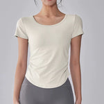 Women's Summer Yoga Sports Top Short Sleeve Pleated Waist Cinching Mesh Spliced Breathable Fitness T-Shirt