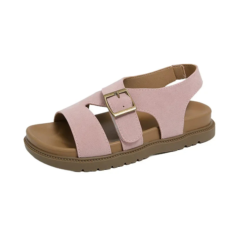 Women Sandals Summer New Solid Color Open Toe Flat Casual Slippers Buckle Fashion Outdoors Beach Sandals Sandalias De Mujer