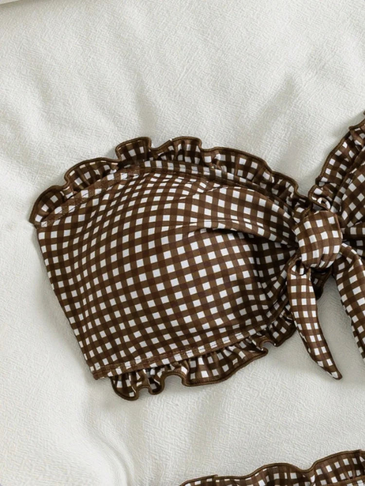 Vintage Coffee Plaid Print Bikini Set Women Bandeau Front Tie Push Up Bra High Waist Swimwear 2026 Beach Bathing Suit Swimsuit
